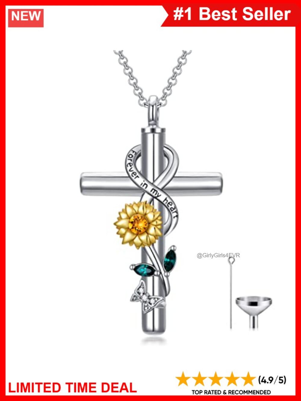 Sterling Silver Cross Urn Necklace Sunflower Cremation Jewelry